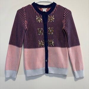 Crewcuts Embellished Knit Cardigan Sweater Navy Blue/Coral/Gray Girl Size 12